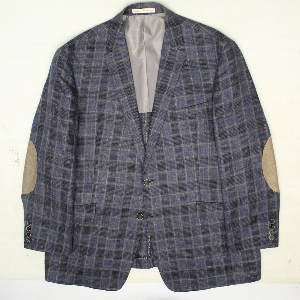 JOSEPH ABBOUD - Linen Plaid Blazer - Slim Fit - 56R - Elbow Patches - Blue